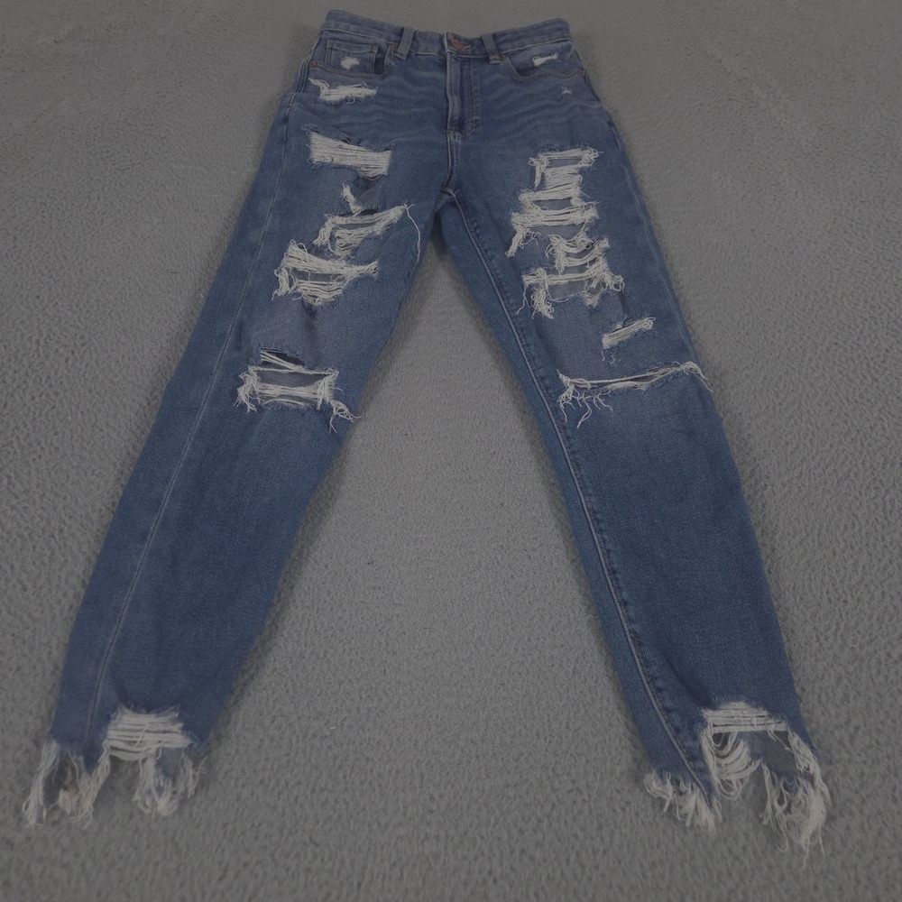 American Eagle Jeans Womens 2 Blue Highest Rise Mom Jean Distressed Frayed Hem
